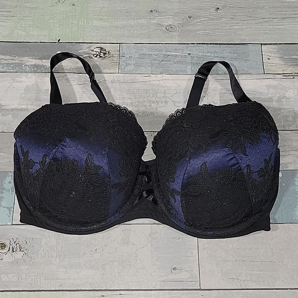 CACIQUE Boost Balconette Blue/Black Lace Bra sz 40F